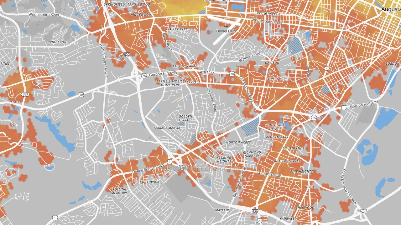 Bike Grade map of Wheeless Road, Augusta, GA