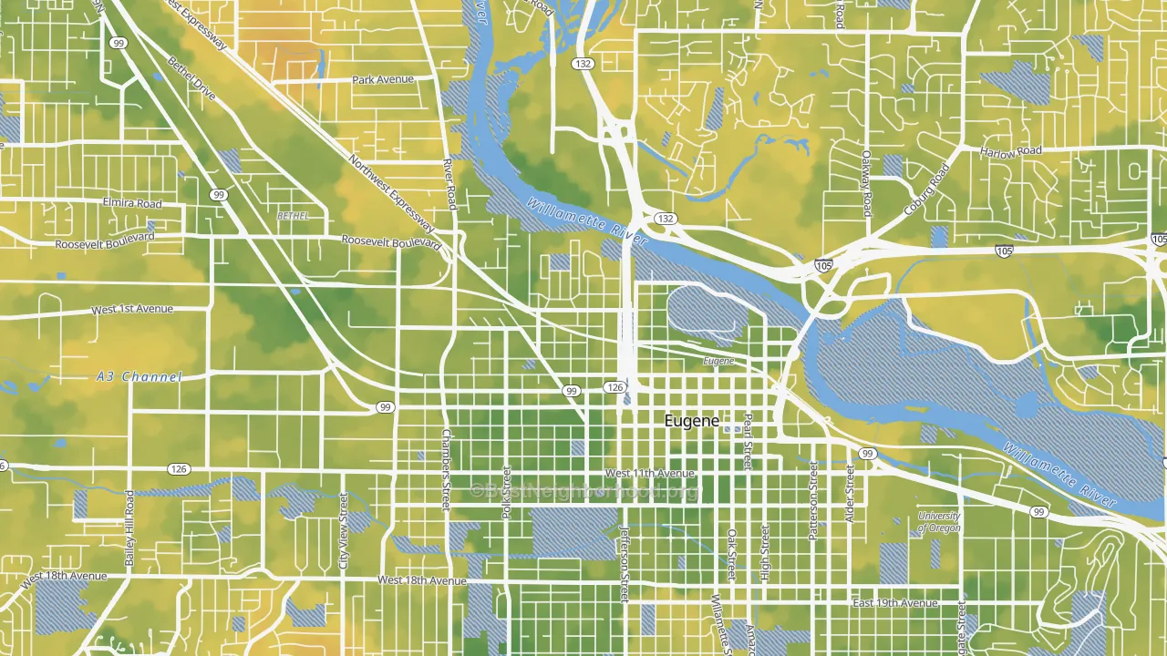 Bike Grade map of Whiteaker, Eugene, OR