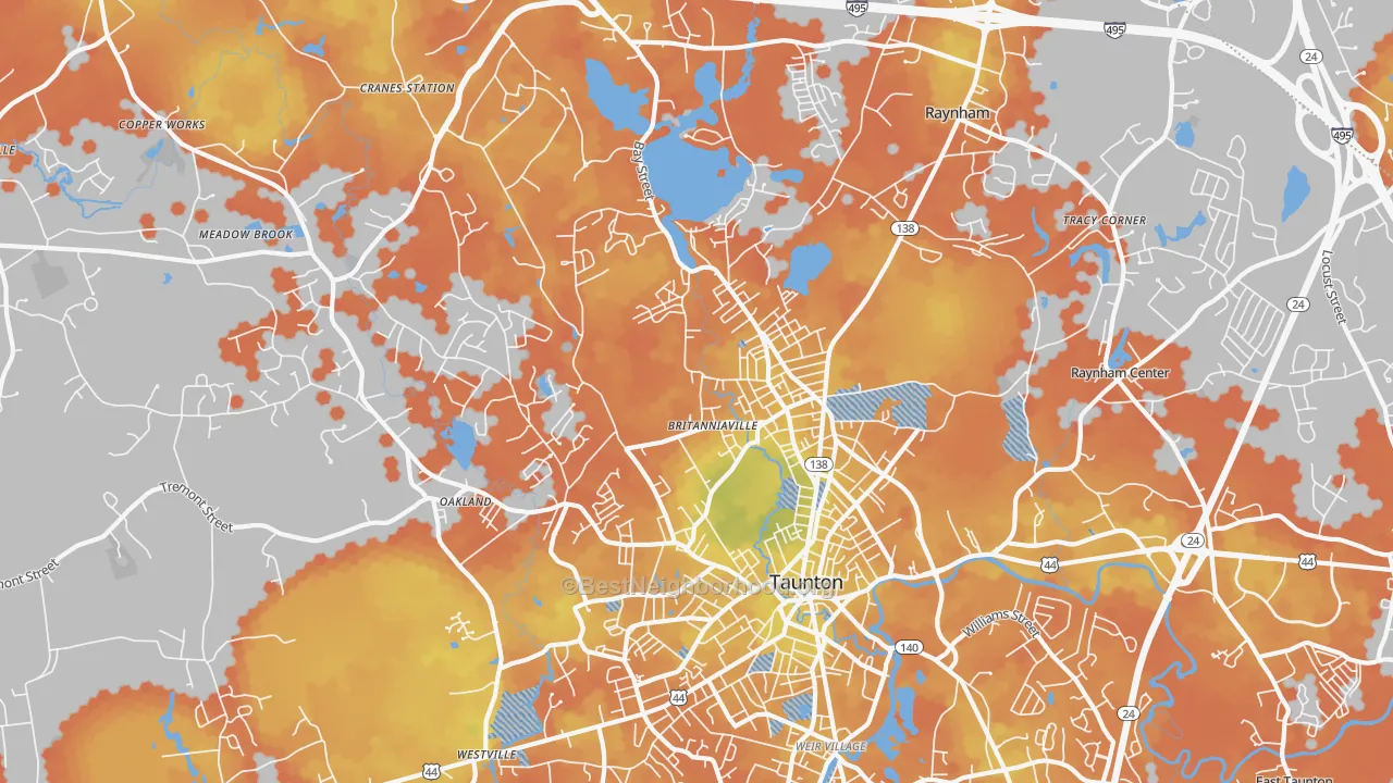 Bike Grade map of Whittenton, Taunton, MA