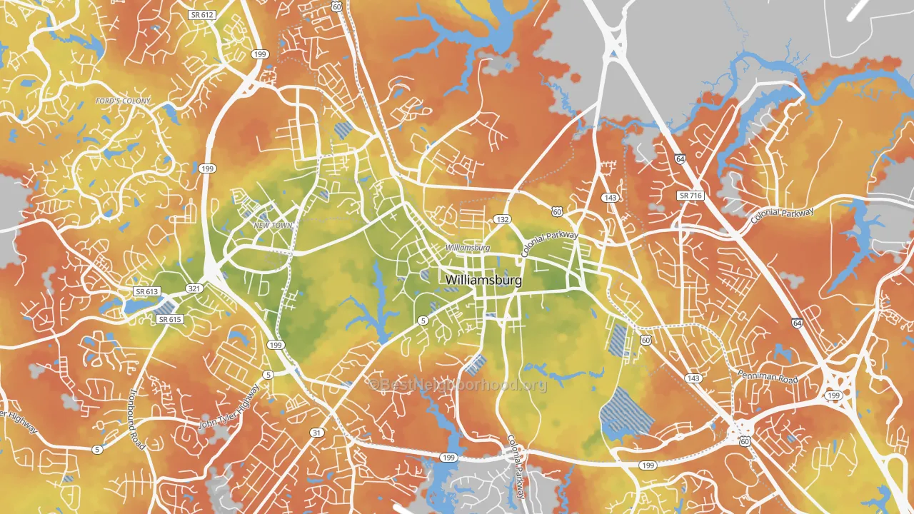 Bike Grade map of Williamsburg City, VA