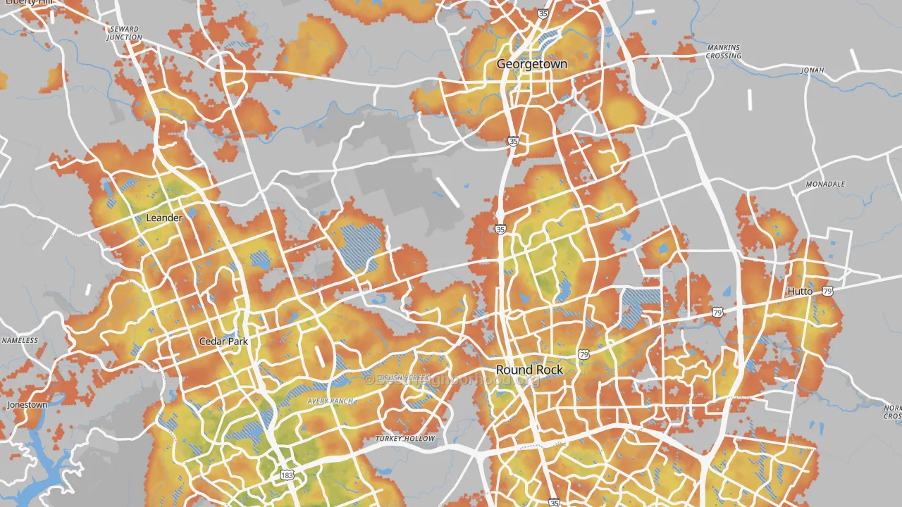 Bike Grade map of Williamson County, TX