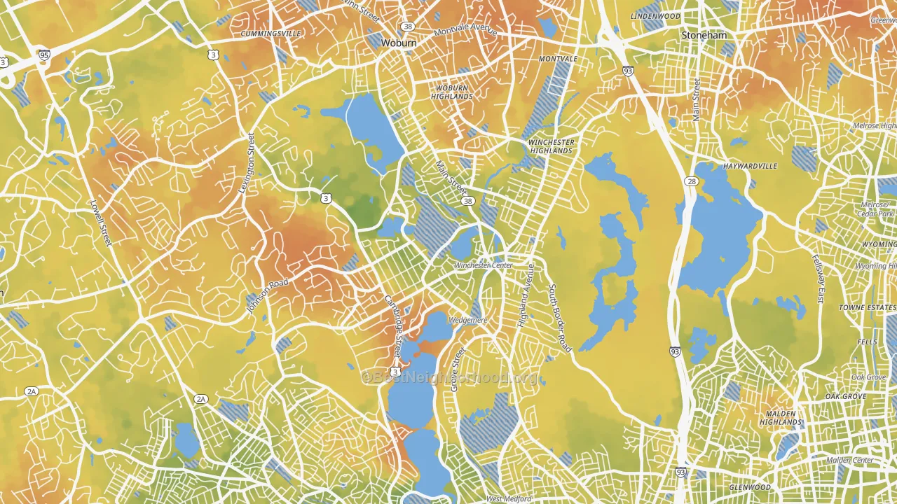 Bike Grade map of Winchester, MA