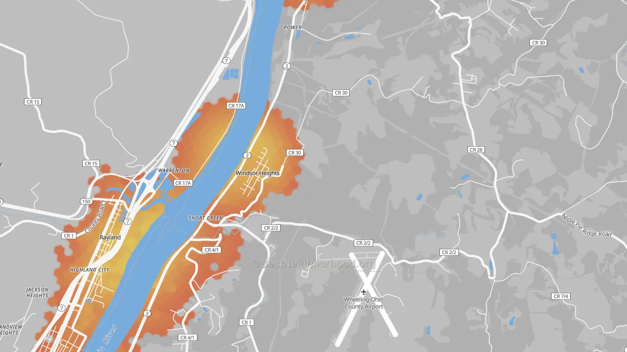 Bike Grade map of Windsor Heights, WV