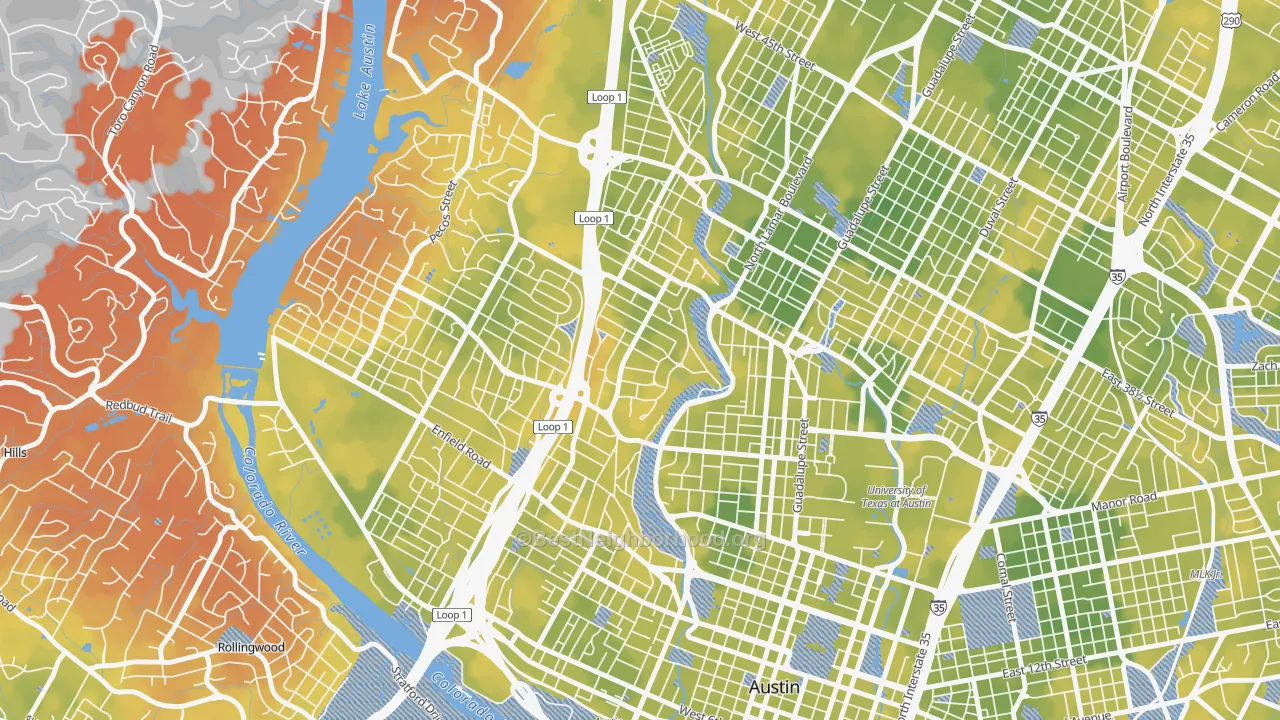 Bike Grade map of Windsor Road, Austin, TX