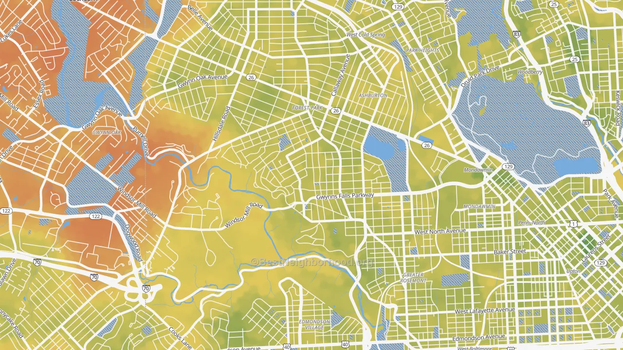 Bike Grade map of Winsor Hills, Baltimore, MD