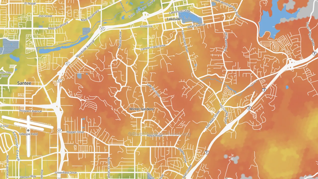 Bike Grade map of Winter Gardens, Lakeside, CA