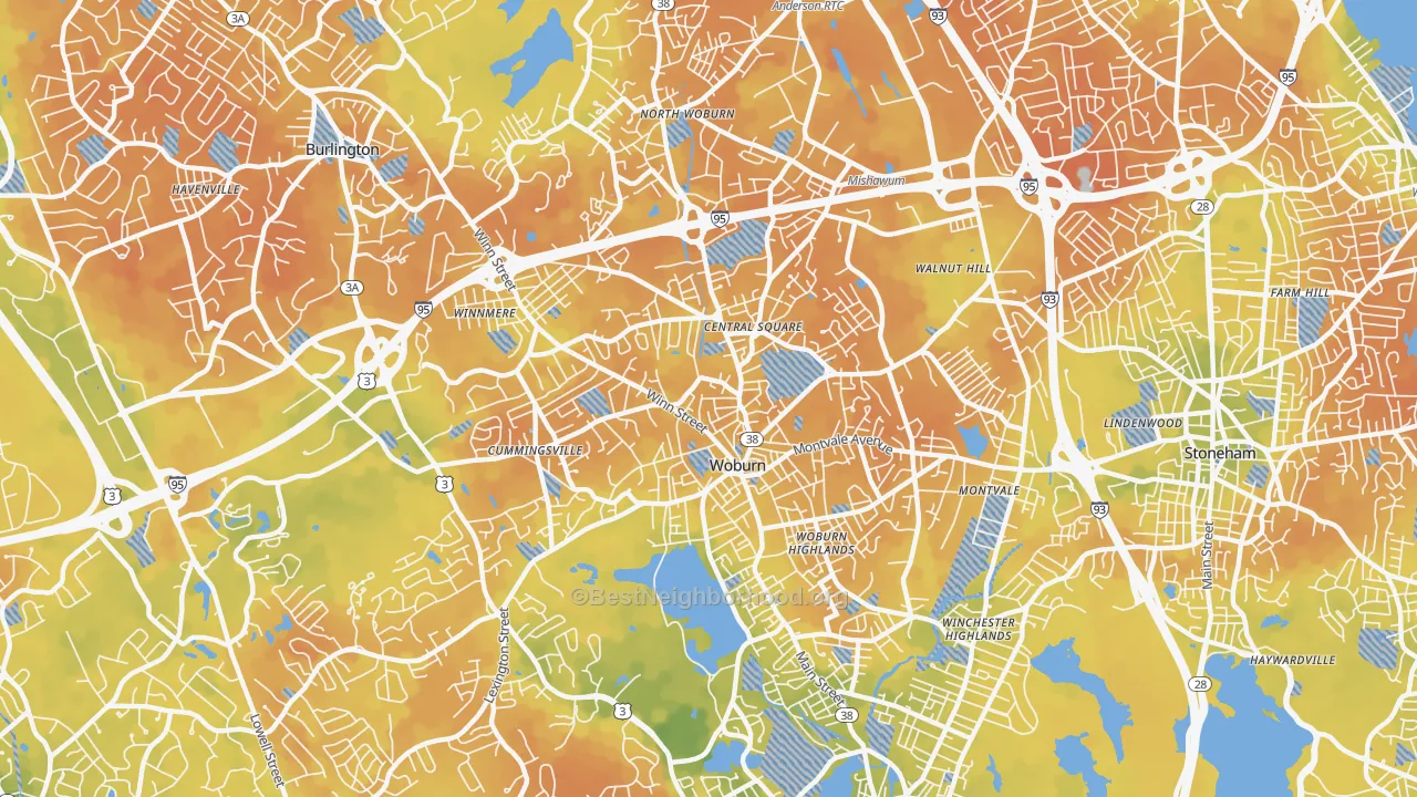 Bike Grade map of Woburn, MA