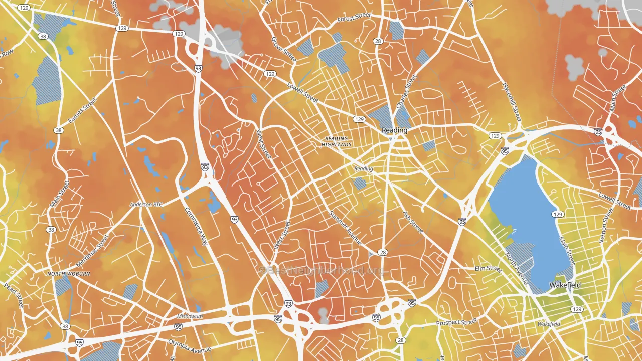 Bike Grade map of Woburn Street Historic District, Reading, MA