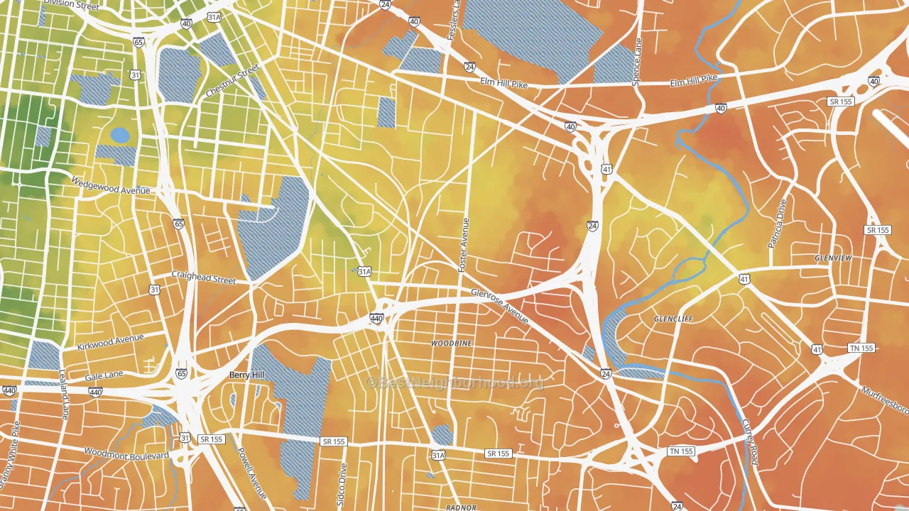 Bike Grade map of Woodbine, Nashville, TN