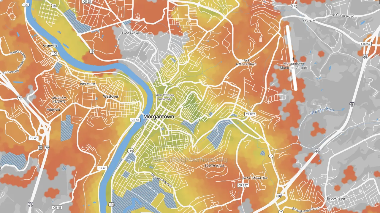 Bike Grade map of Woodburn, Morgantown, WV
