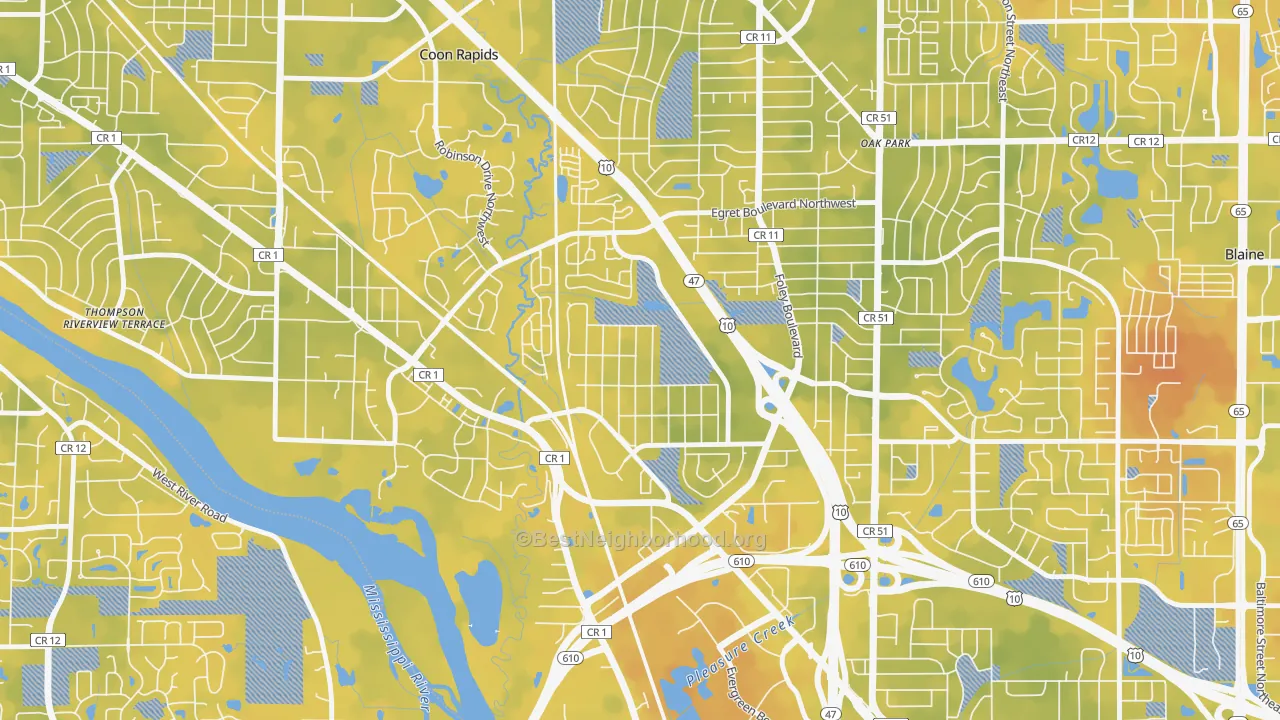 Bike Grade map of Woodcrest, Coon Rapids, MN