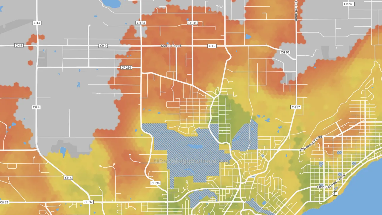Bike Grade map of Woodlands-Pleasantview, Duluth, MN