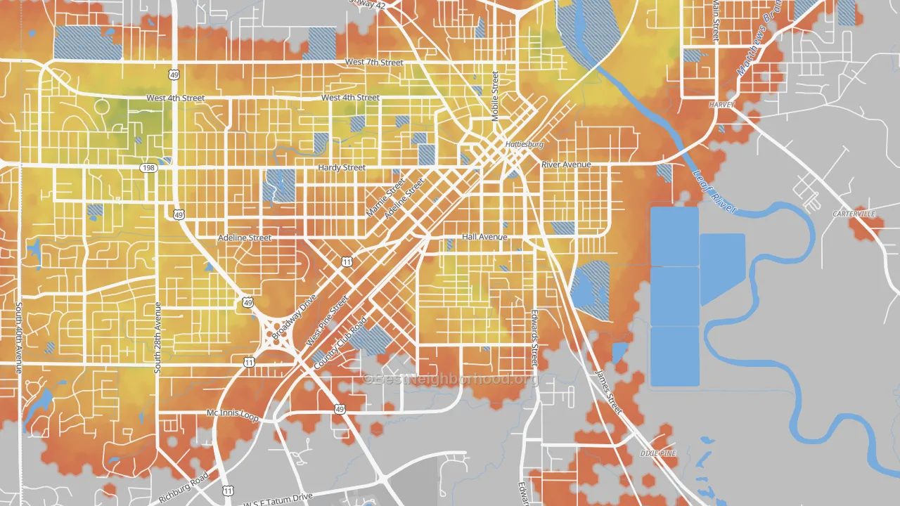 Bike Grade map of Woodlawn Court, Hattiesburg, MS