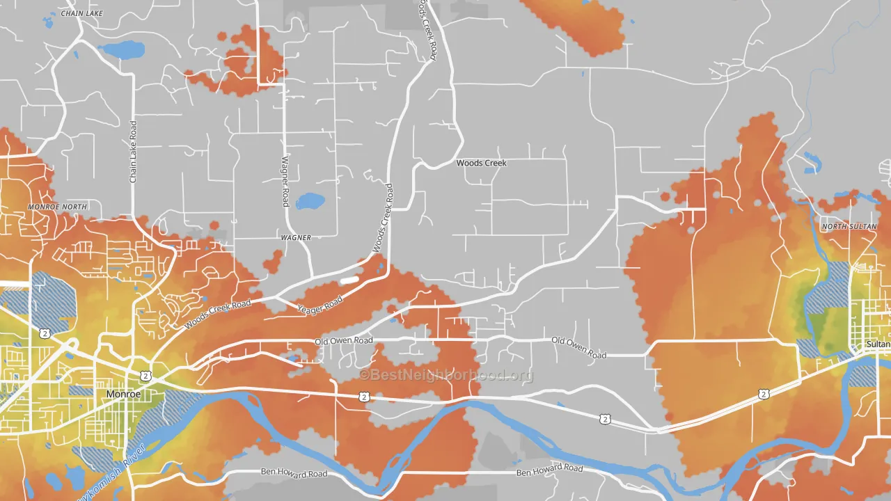 Bike Grade map of Woods Creek, WA