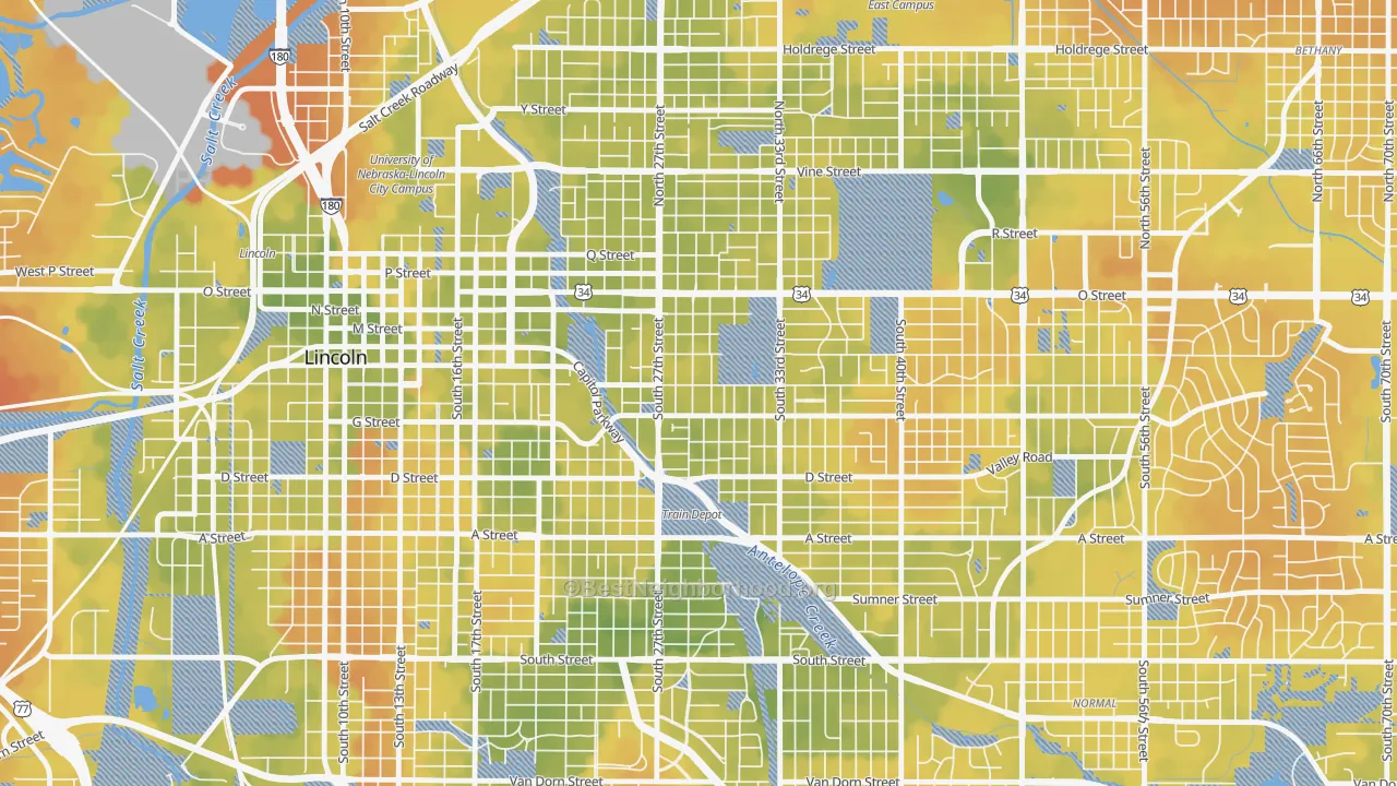 Bike Grade map of Woods Park, Lincoln, NE