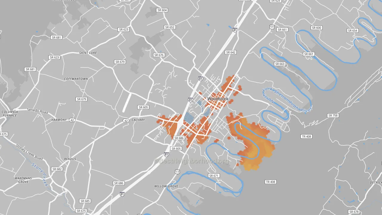 Bike Grade map of Woodstock, VA