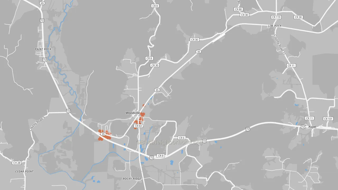 Bike Grade map of Woodville, AL