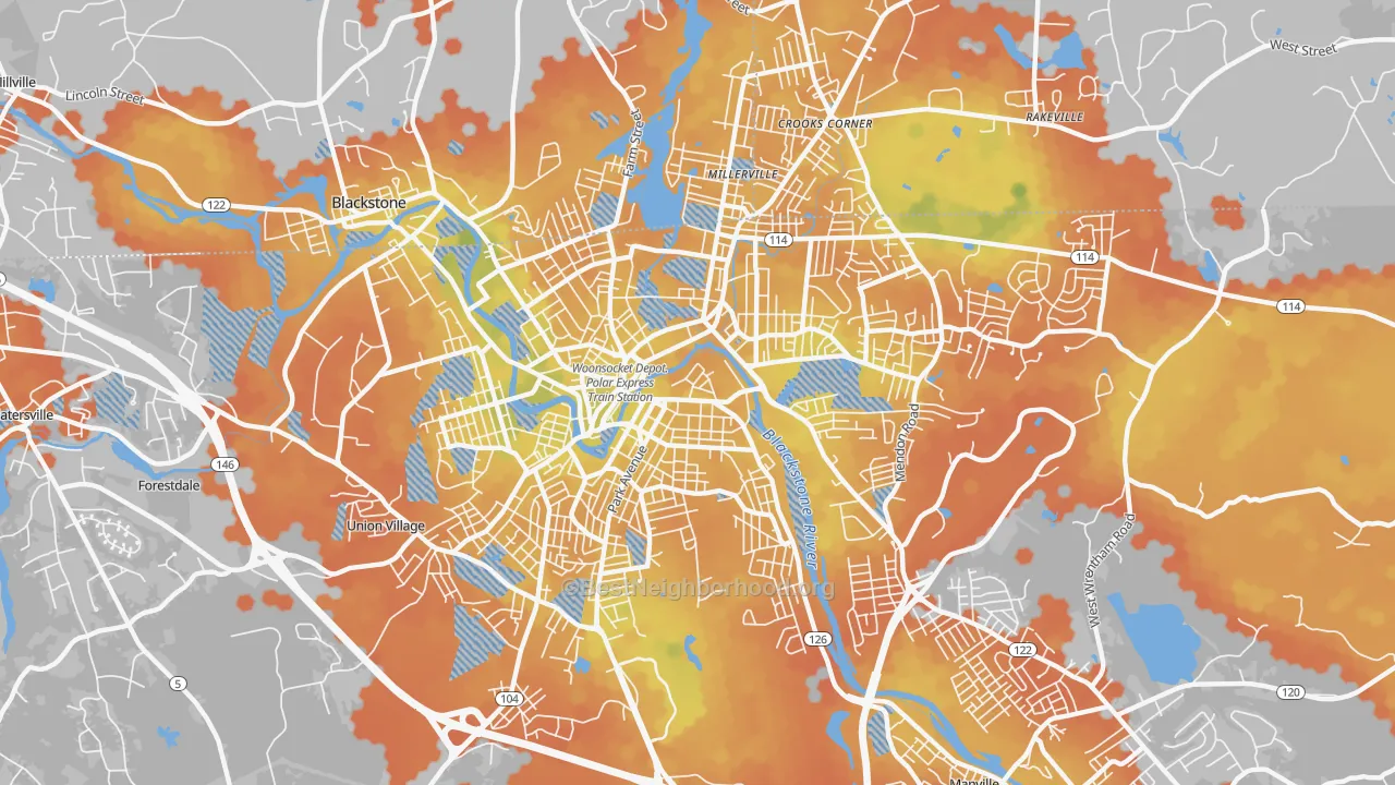 Bike Grade map of Woonsocket, RI