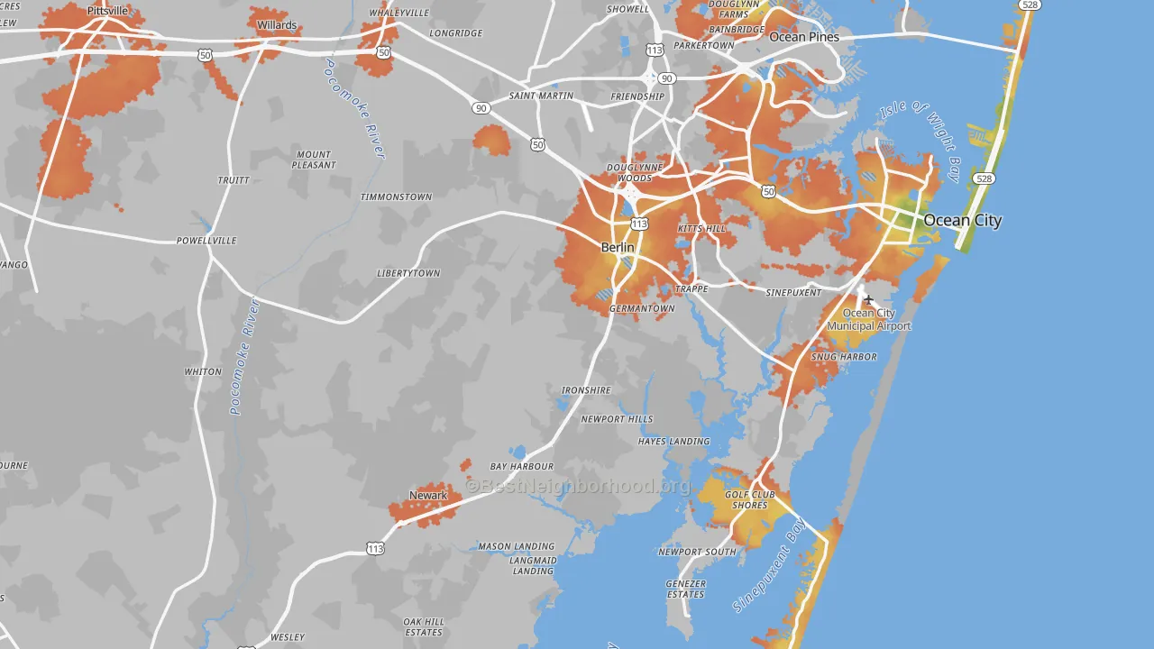 Bike Grade map of Worcester County, MD