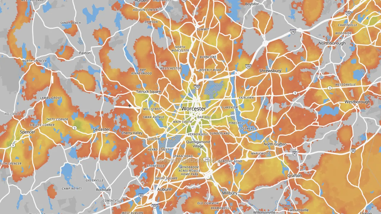 Bike Grade map of Worcester, MA