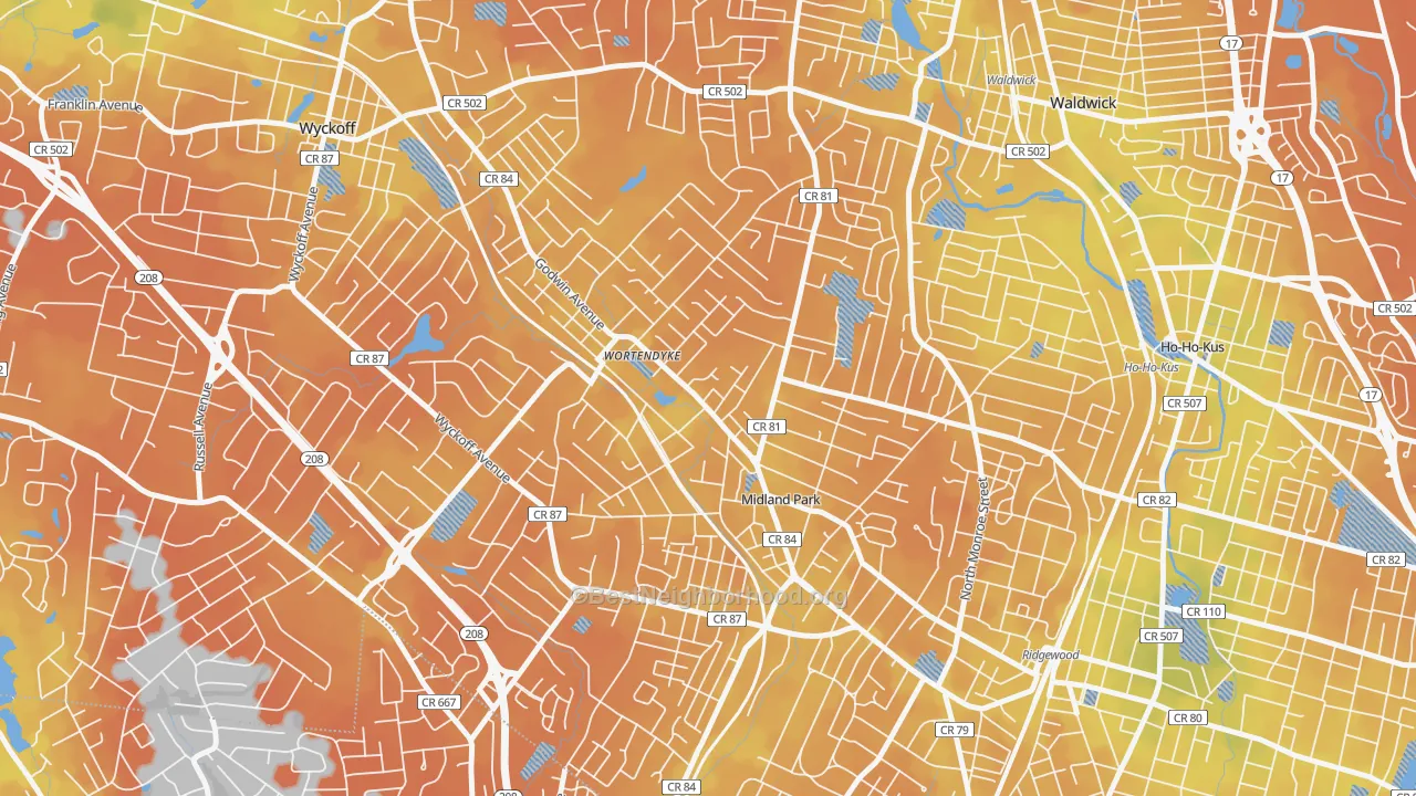 Bike Grade map of Wortendyke, Midland Park, NJ
