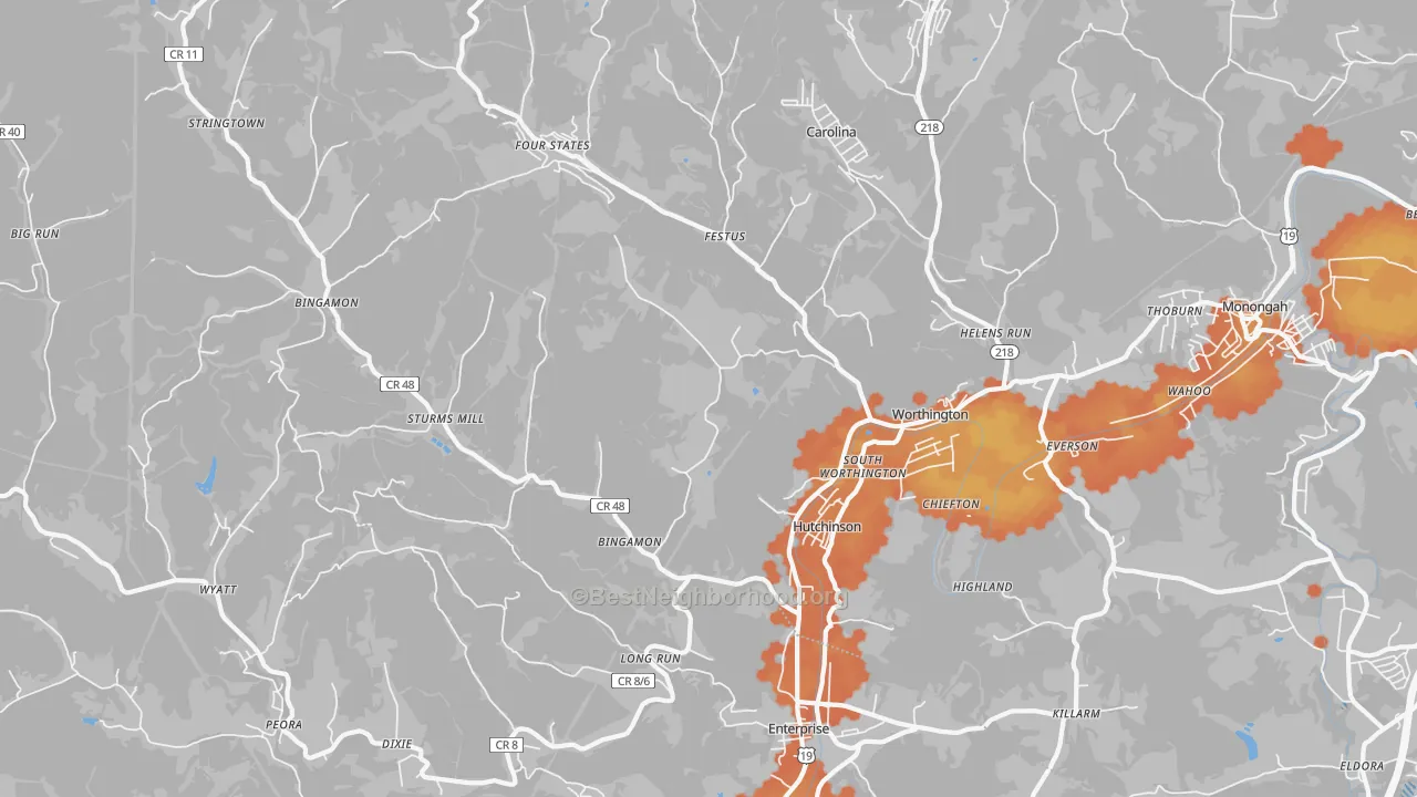 Bike Grade map of Worthington, WV