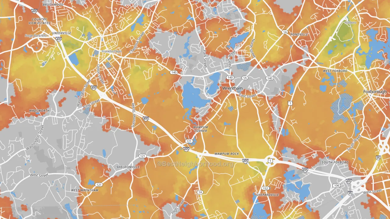Bike Grade map of Wrentham, MA