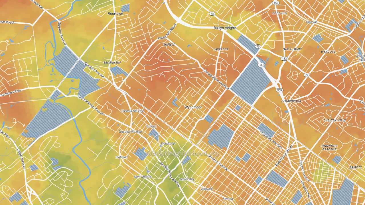 Bike Grade map of Wyndmoor, Glenside, PA