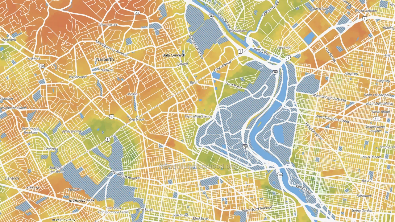 Bike Grade map of Wynnefield, Philadelphia, PA