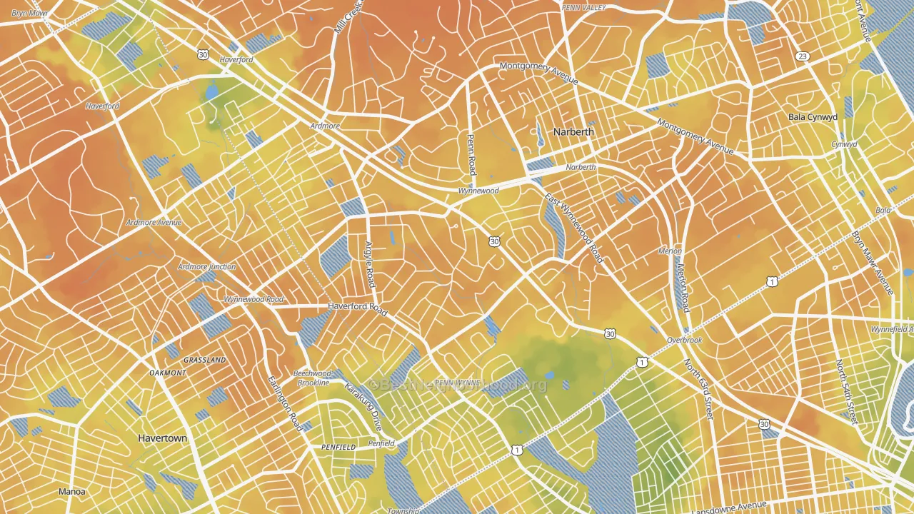 Bike Grade map of Wynnewood, PA