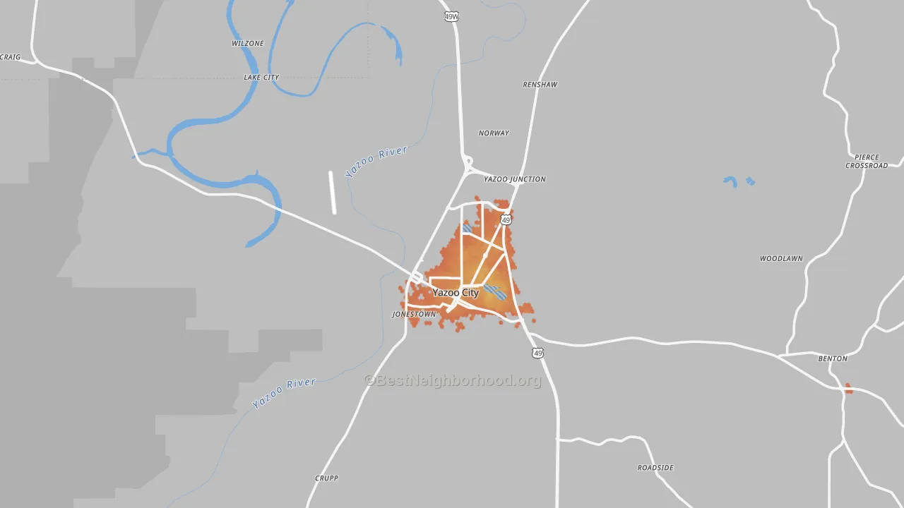 Bike Grade map of Yazoo City, MS