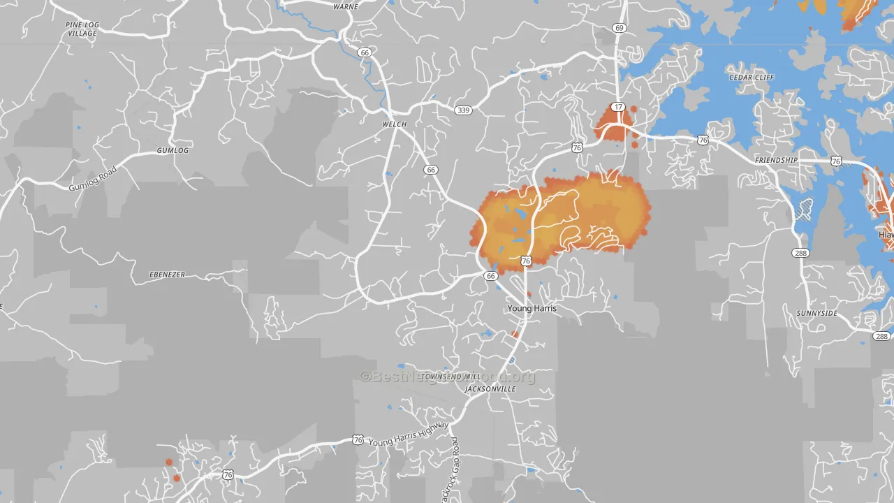Bike Grade map of Young Harris, GA