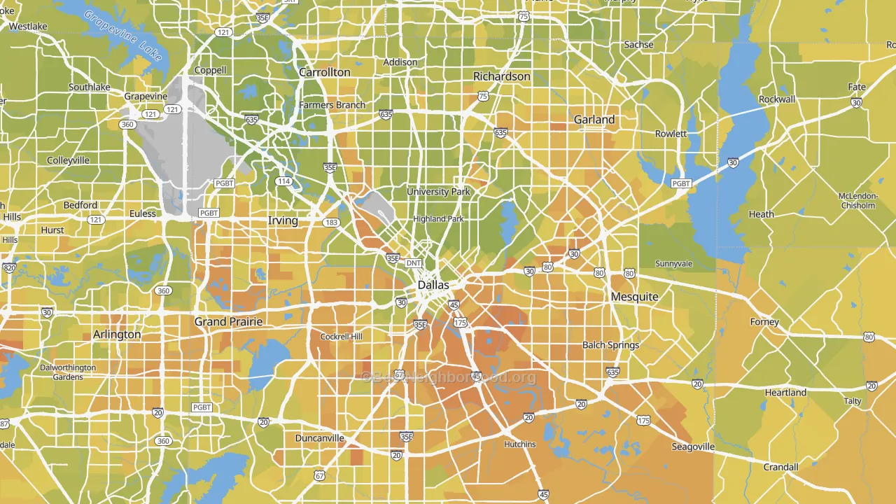 Example Community Health Need Index map of Dallas, TX, with lower-need tracts in green and higher-need tracts in red