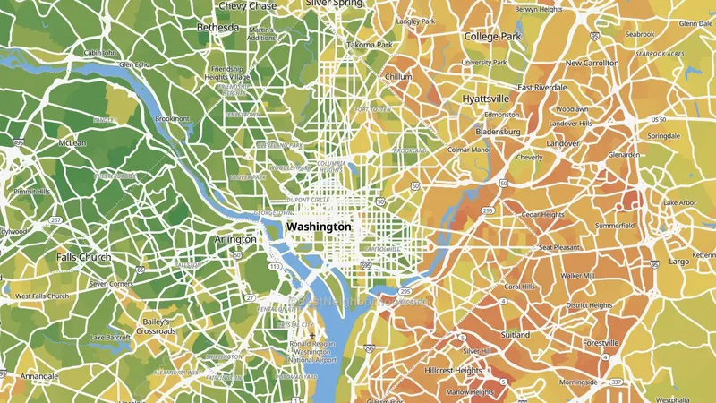Neighborhood map of Washington, DC, with better-matching neighborhoods shaded green and worse ones red