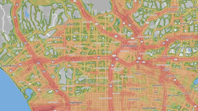 Transit noise map of Los Angeles, brighter where road, rail, and aviation noise is louder