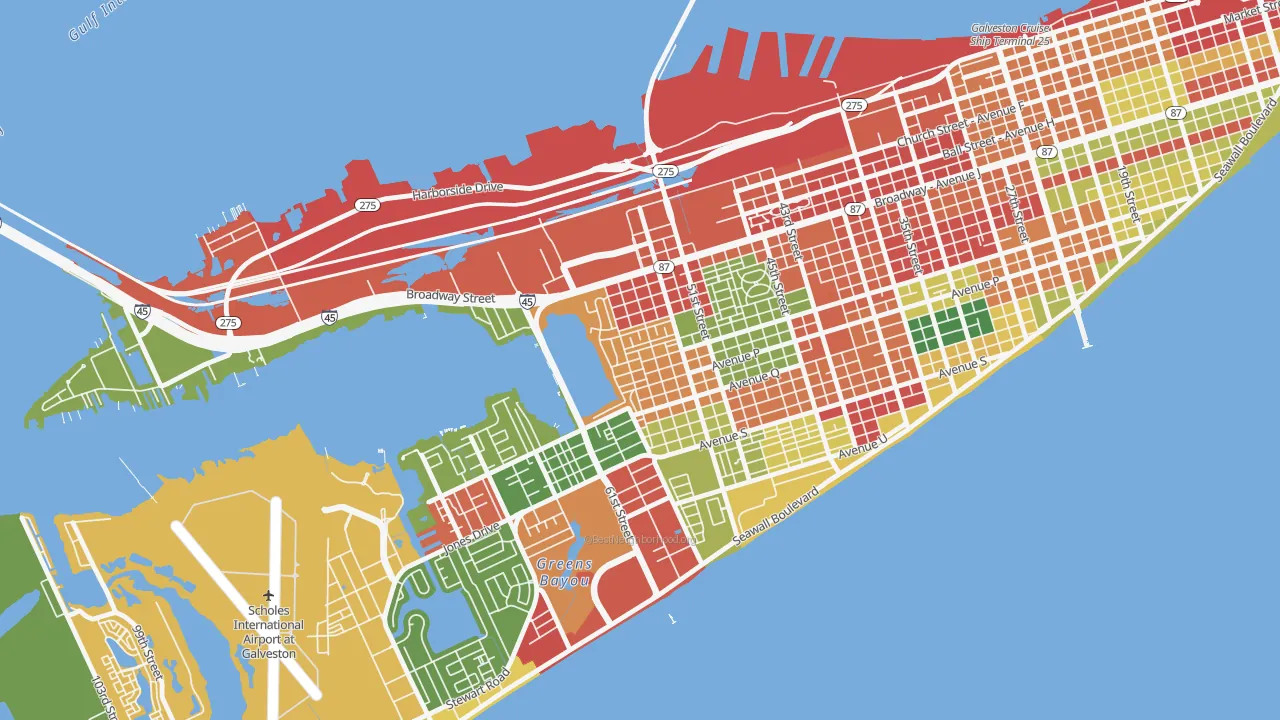Bayou Shore, Galveston, TX of rich and poor neighborhoods by household income