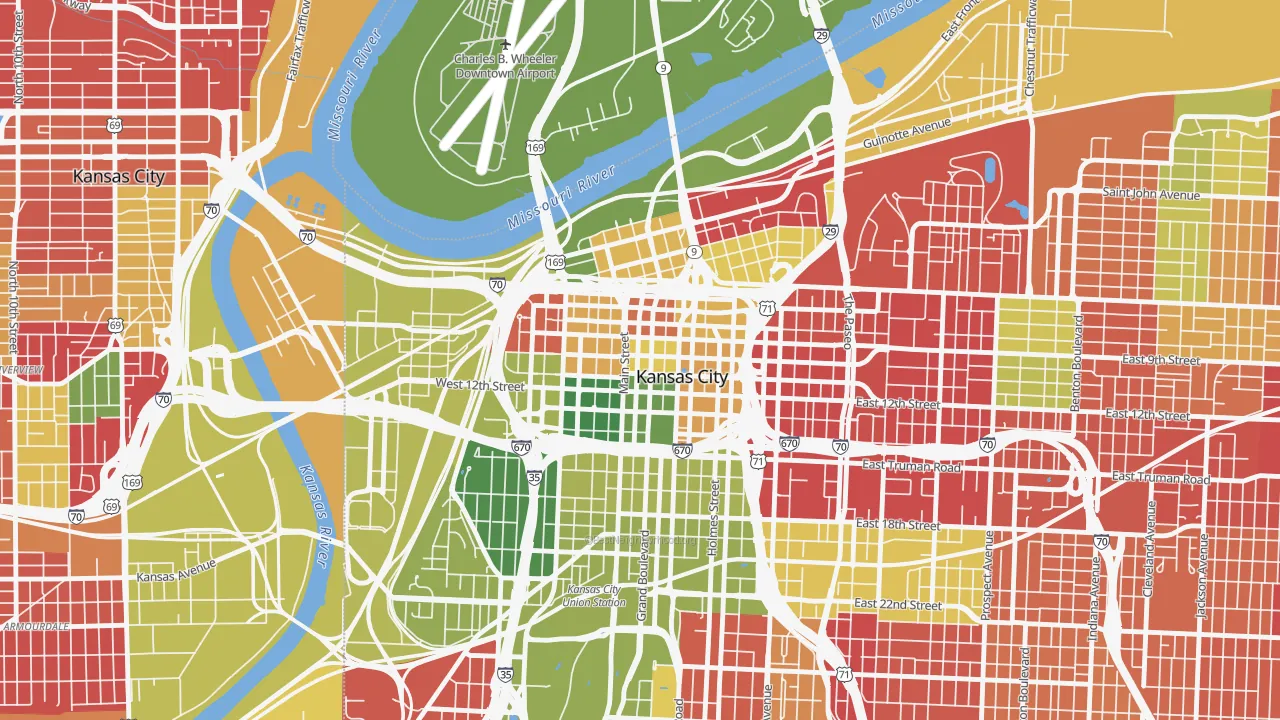 Central Business District, Kansas City, MO of rich and poor neighborhoods by household income