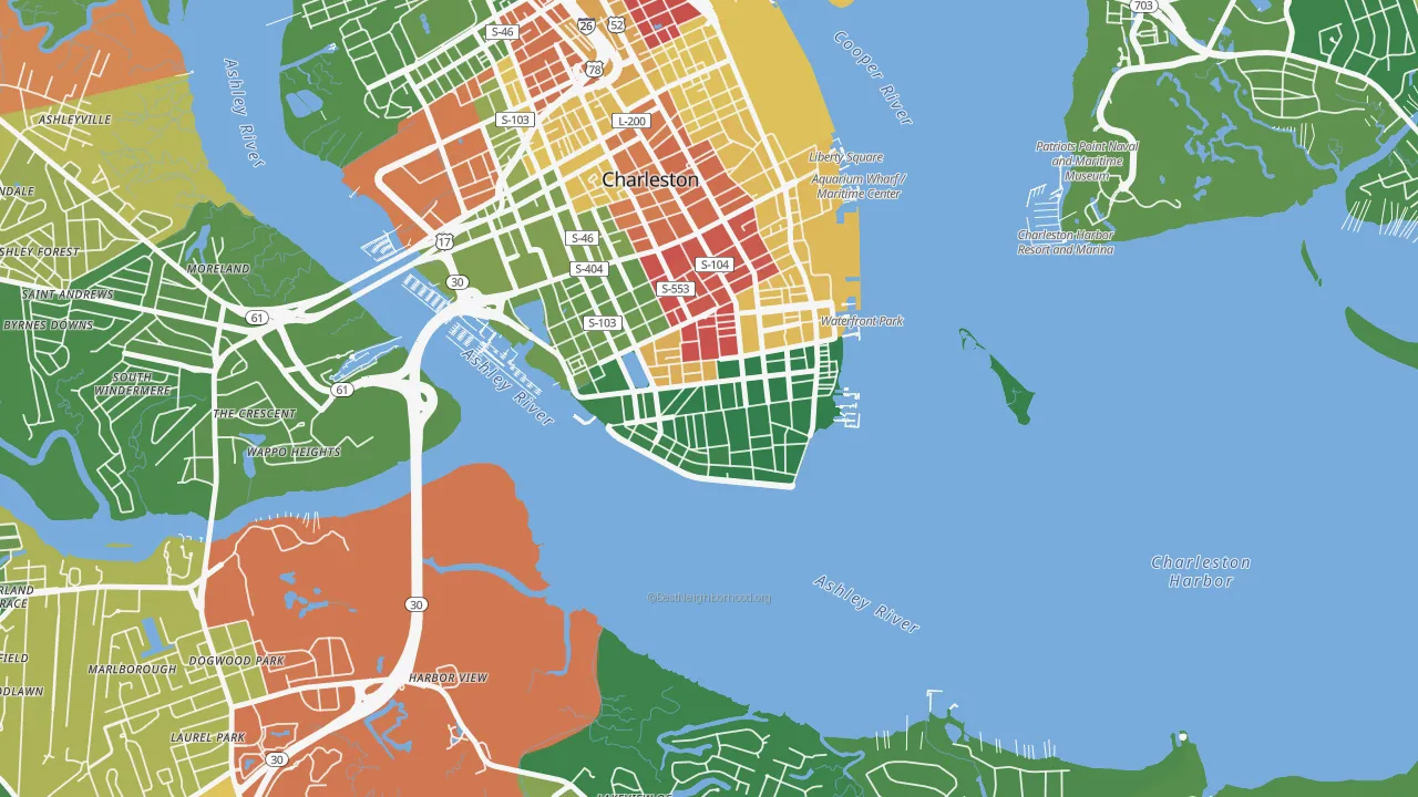 Charleston Historic District, Charleston, SC of rich and poor neighborhoods by household income
