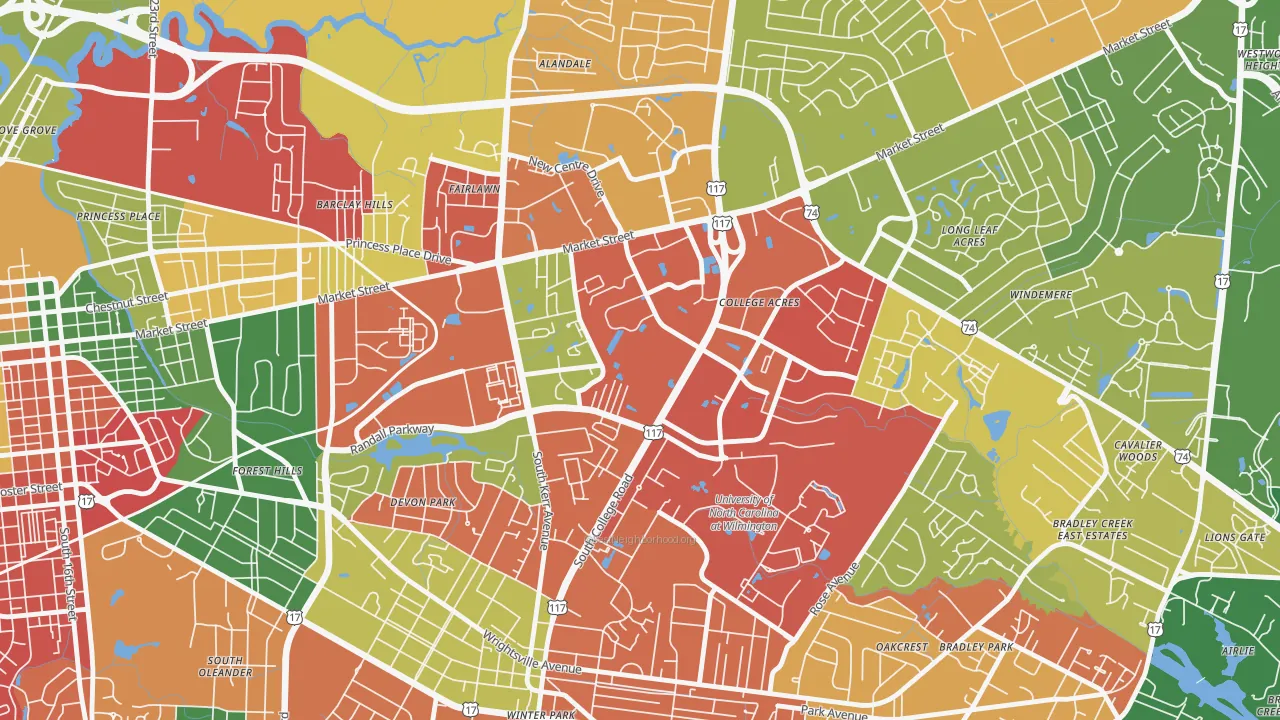 College Park, Wilmington, NC of rich and poor neighborhoods by household income