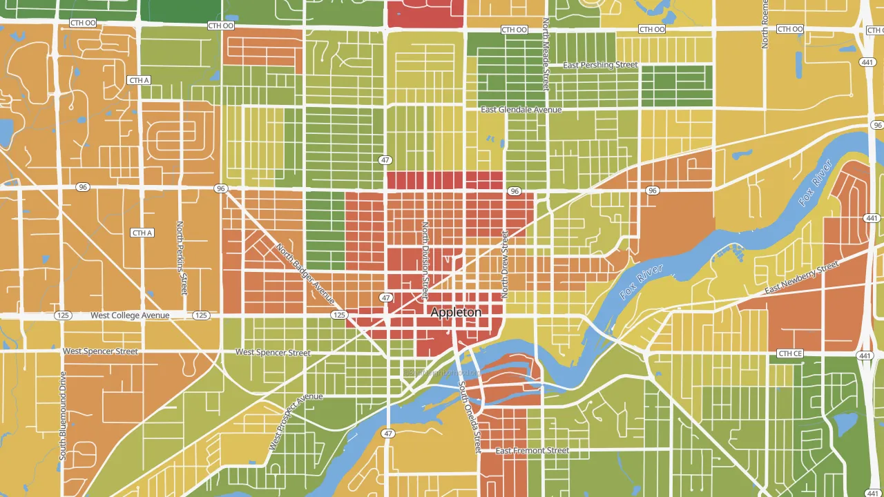Downtown Appleton, Appleton, WI of rich and poor neighborhoods by household income