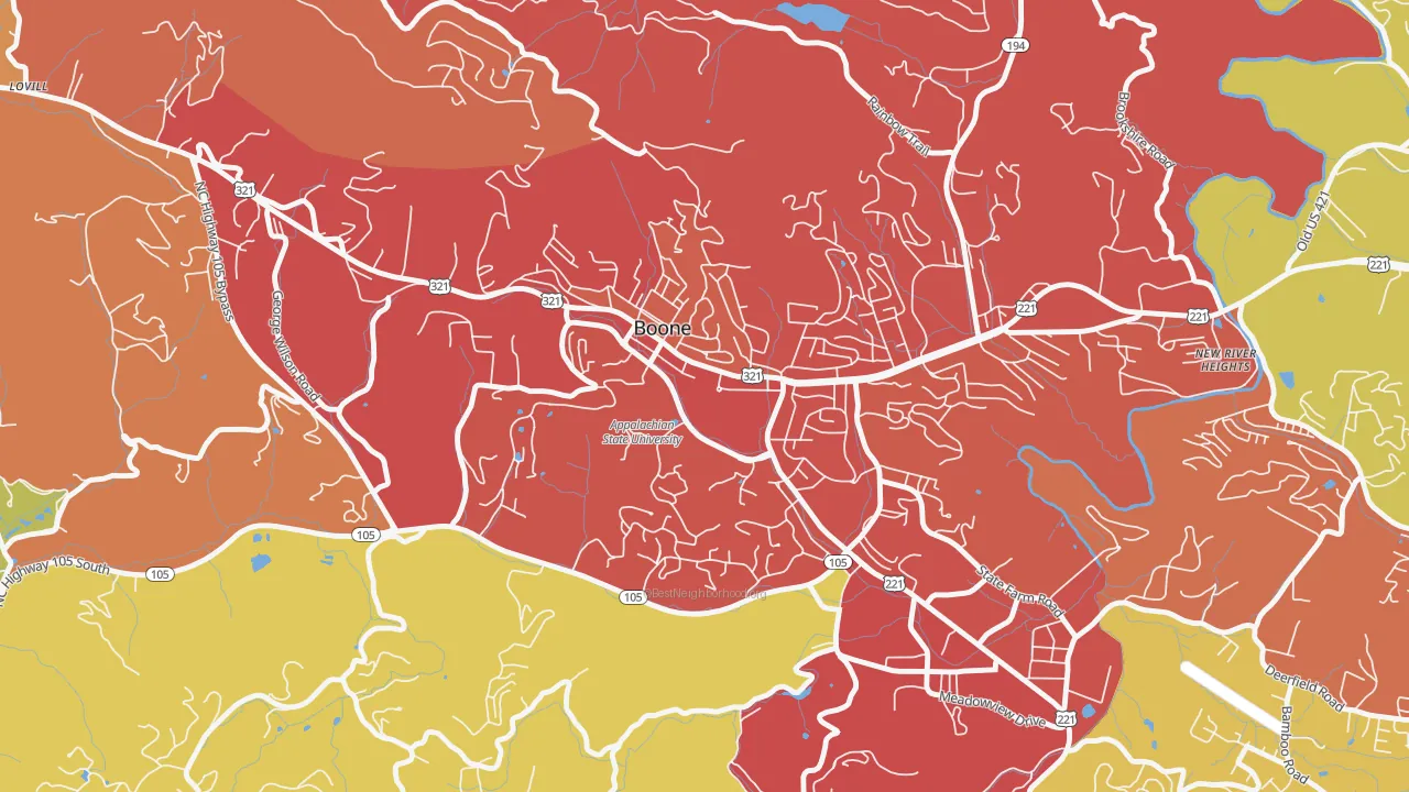Downtown Boone, Boone, NC of rich and poor neighborhoods by household income