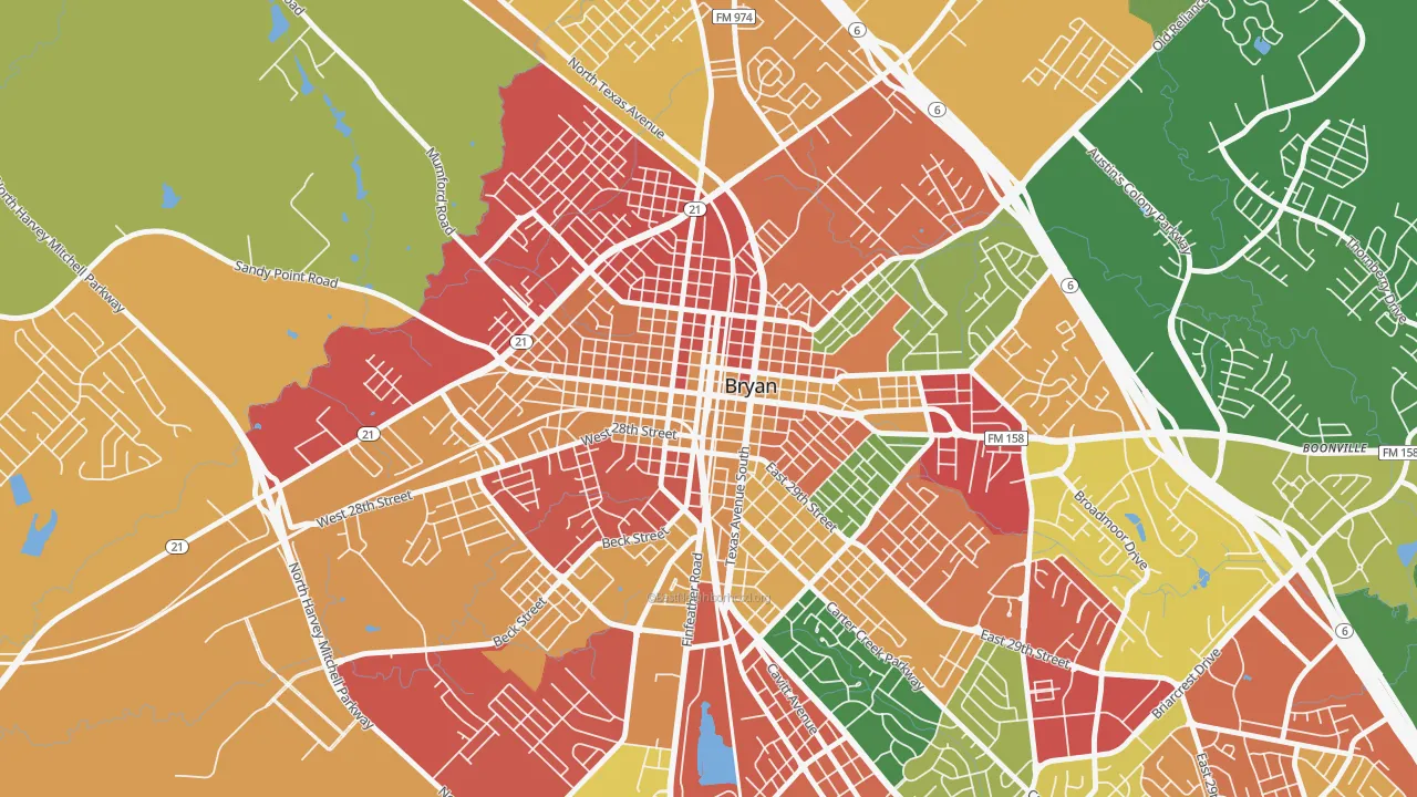 Downtown Bryan, Bryan, TX of rich and poor neighborhoods by household income