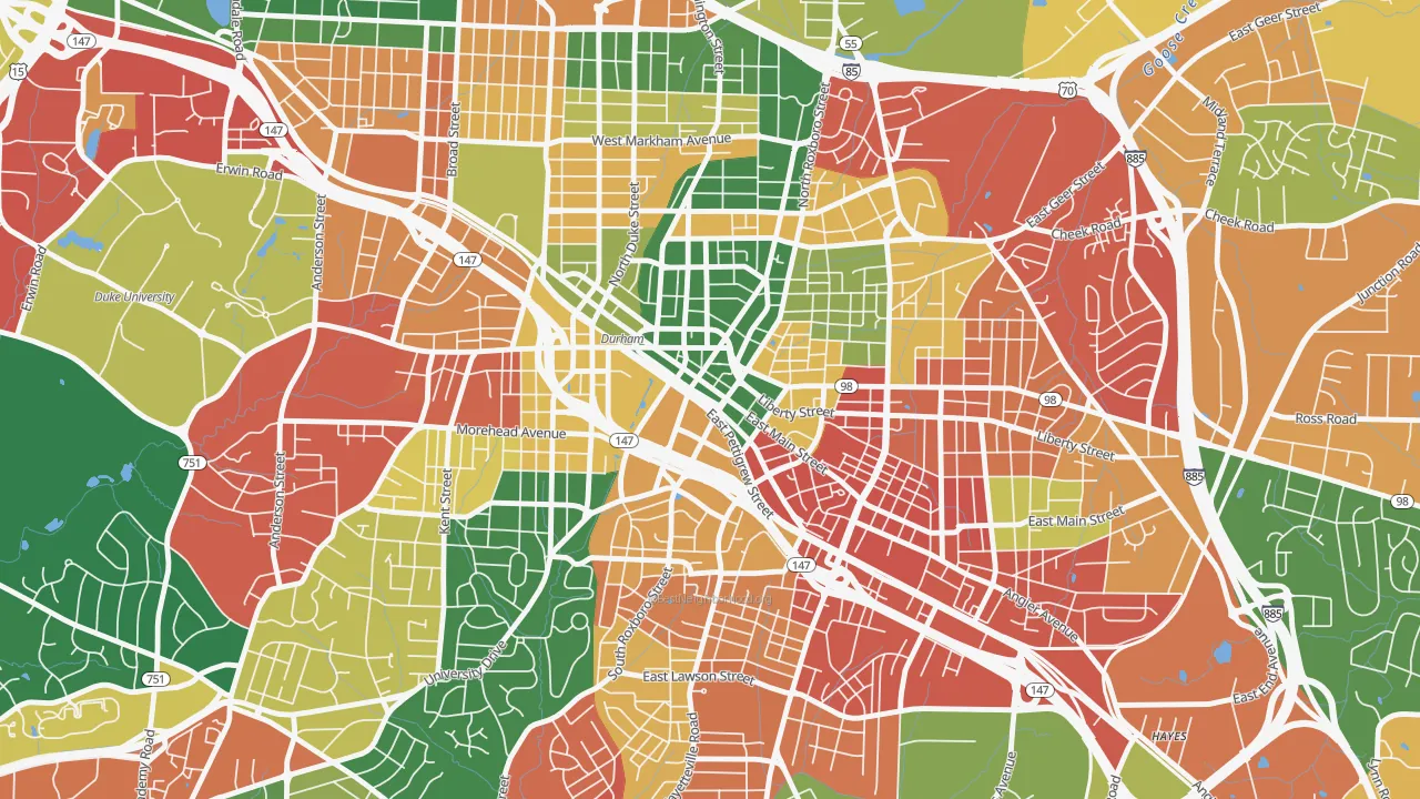Downtown Durham, Durham, NC of rich and poor neighborhoods by household income