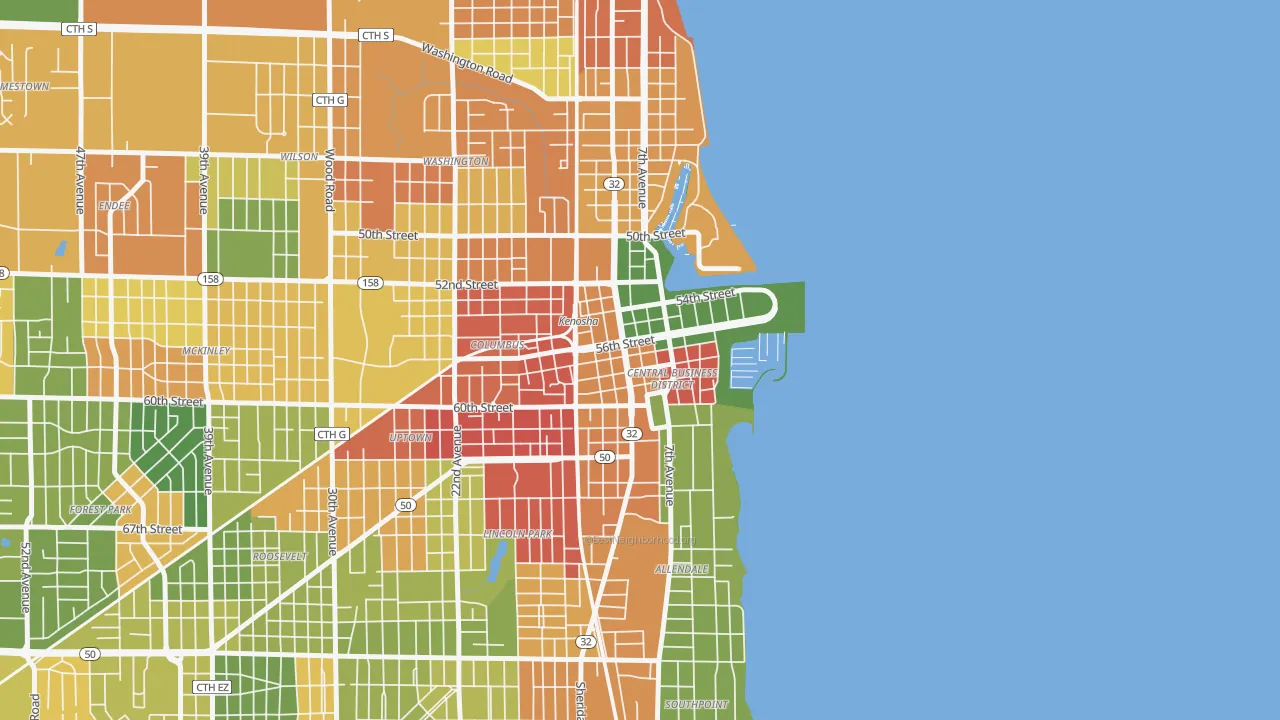 Downtown, Kenosha, WI of rich and poor neighborhoods by household income
