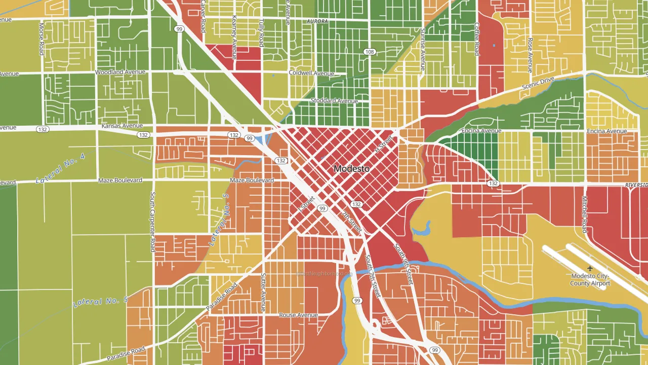 Downtown Modesto, Modesto, CA of rich and poor neighborhoods by household income