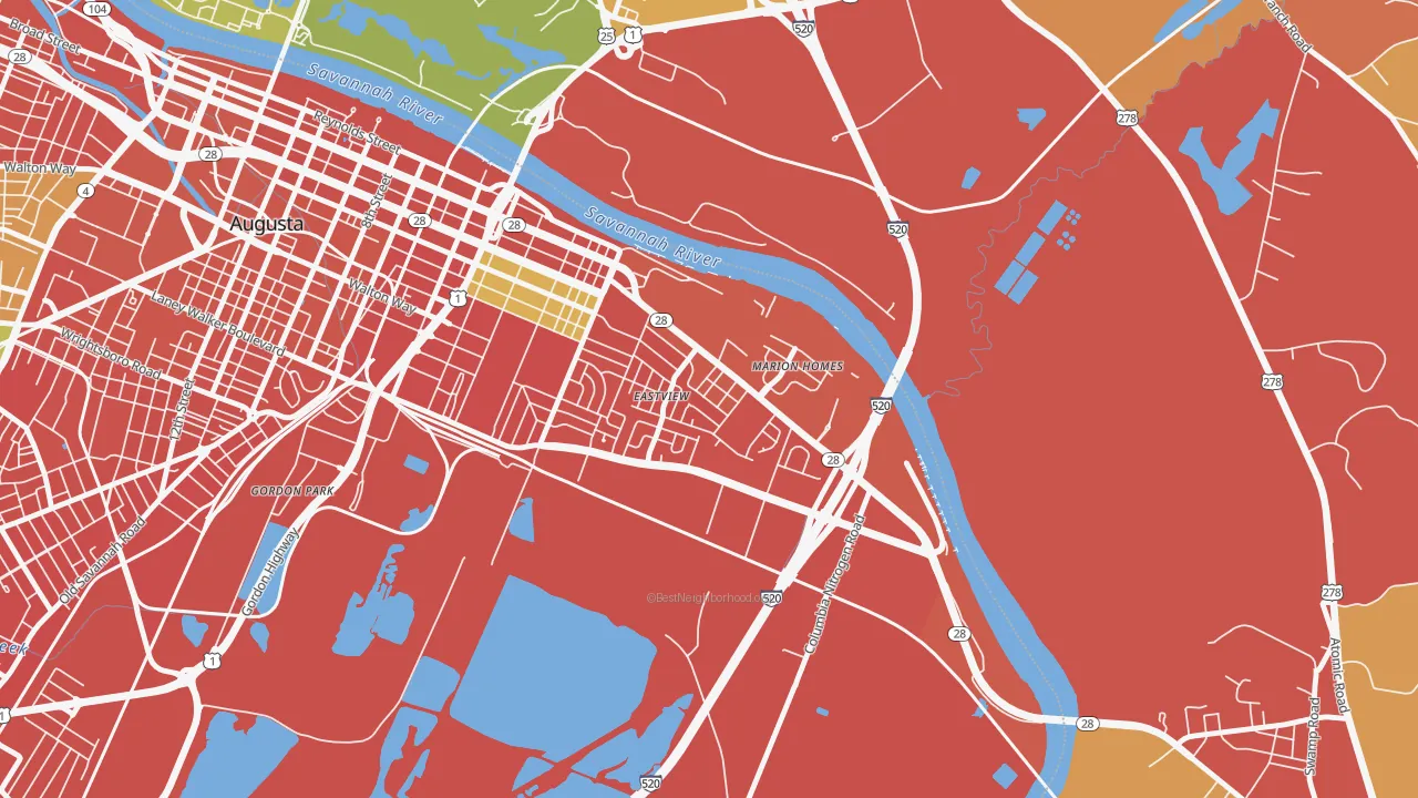 East Augusta, Augusta, GA of rich and poor neighborhoods by household income