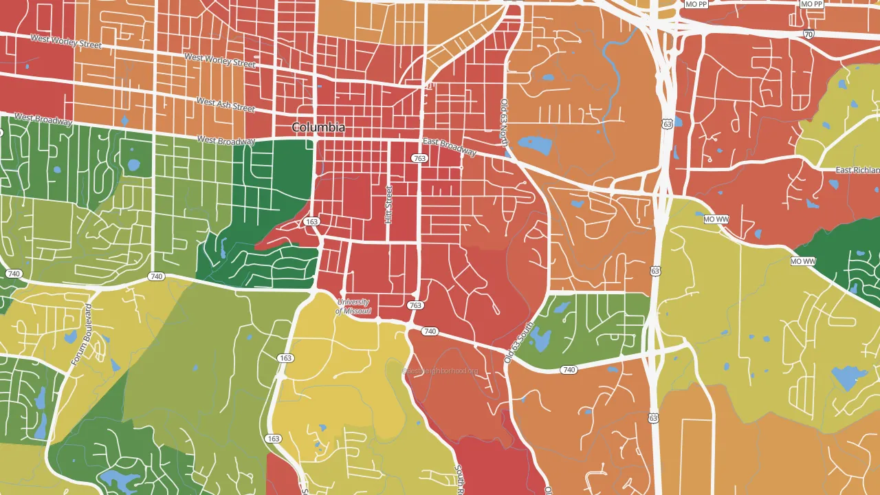 East Campus, Columbia, MO of rich and poor neighborhoods by household income