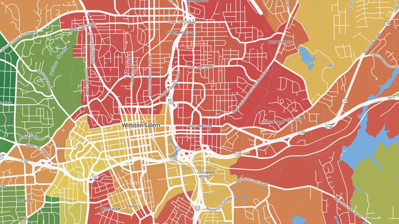East Winston, Winston-Salem, NC of rich and poor neighborhoods by household income