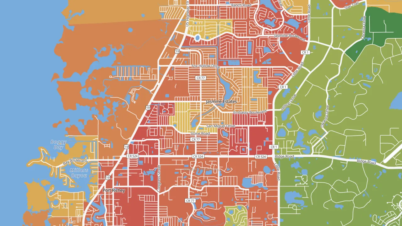 Embassy Hills, Jasmine Estates, FL of rich and poor neighborhoods by household income