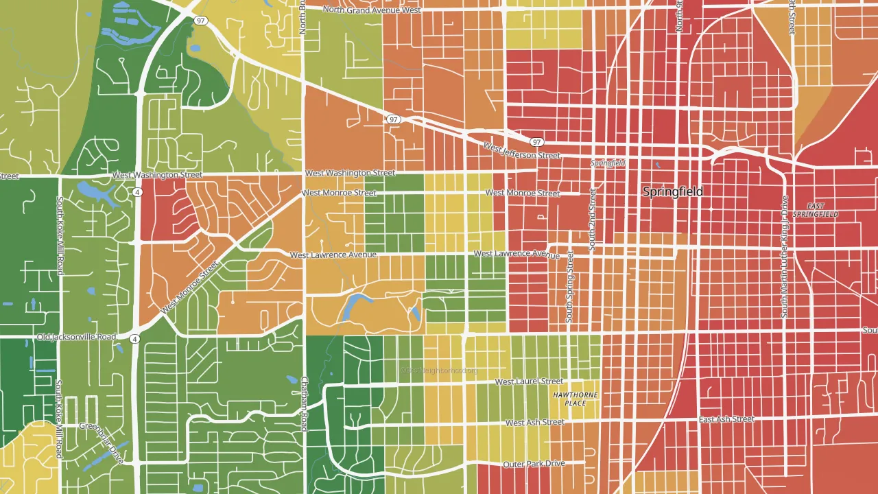 Historic West-Side, Springfield, IL of rich and poor neighborhoods by household income